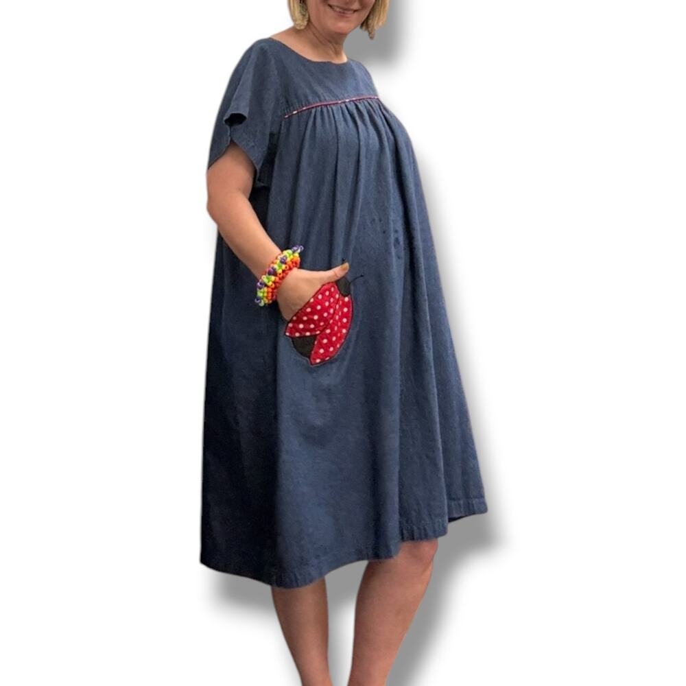 Vintage Ladybug Polka Dot Chambray Denim Dress Midi Cottagecore Medium Whimsical